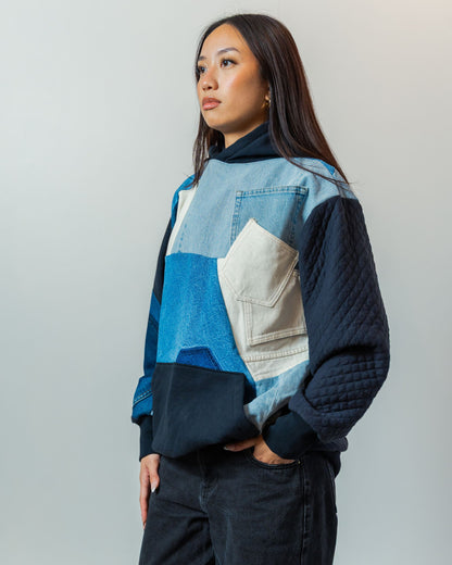 Black & Denim Patchwork Hoodie L