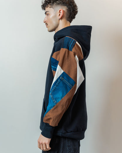Black & Denim Patchwork Sleeve Hoodie L