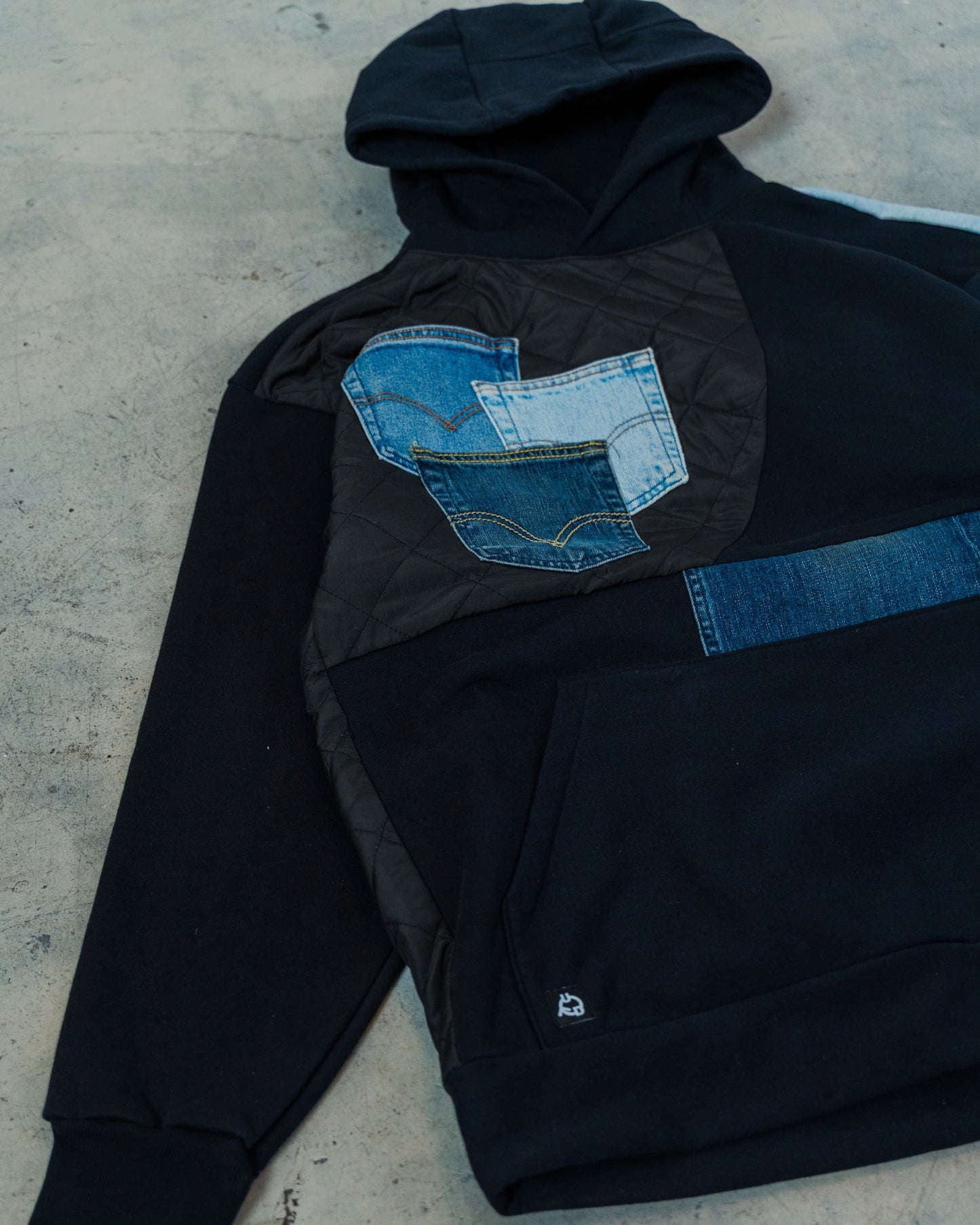 Black & Denim Patchwork Hoodie XXL