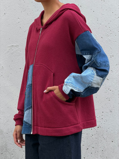 Red & Denim Sleeve Cotton Zip Hoodie M