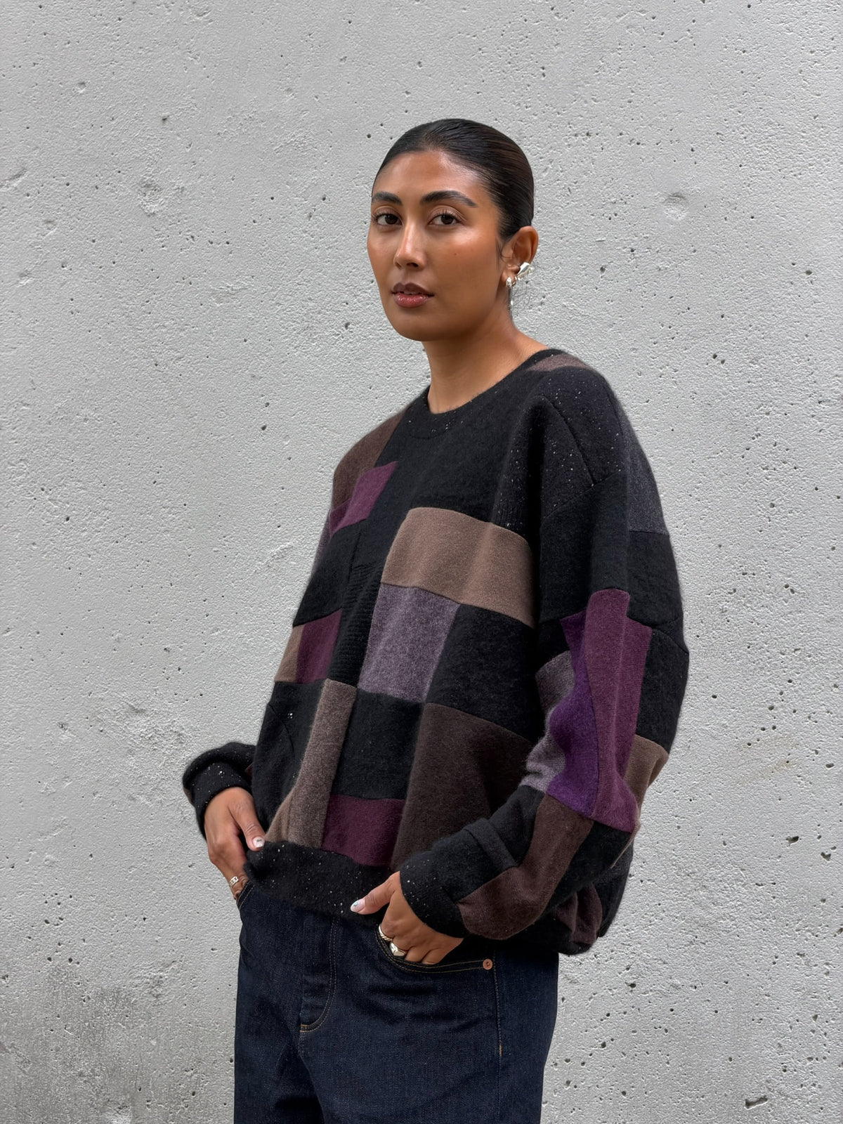Black Multi Scrapwork Cashmere Crew Sweater
