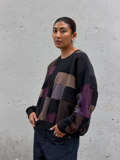 Black Multi Scrapwork Cashmere Crew Sweater