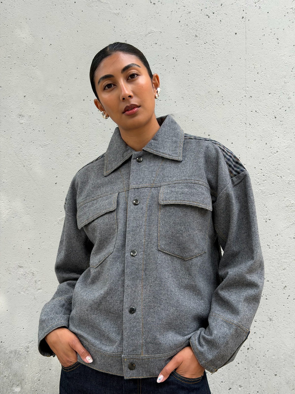 Grey & Plaid Solid Wool Jacket
