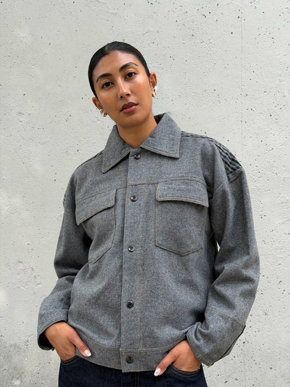 Grey & Plaid Solid Wool Jacket