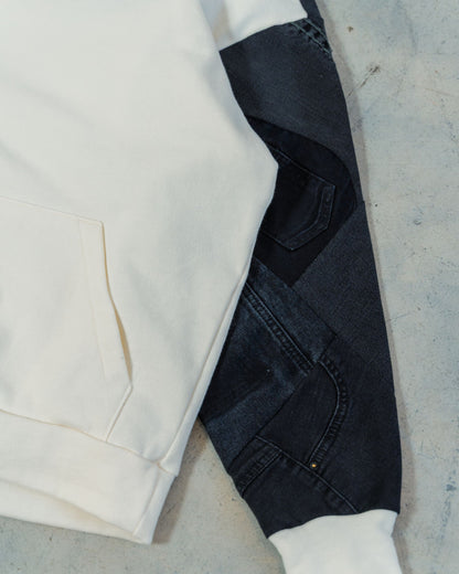 White & Black Denim Patchwork Sleeve Hoodie L