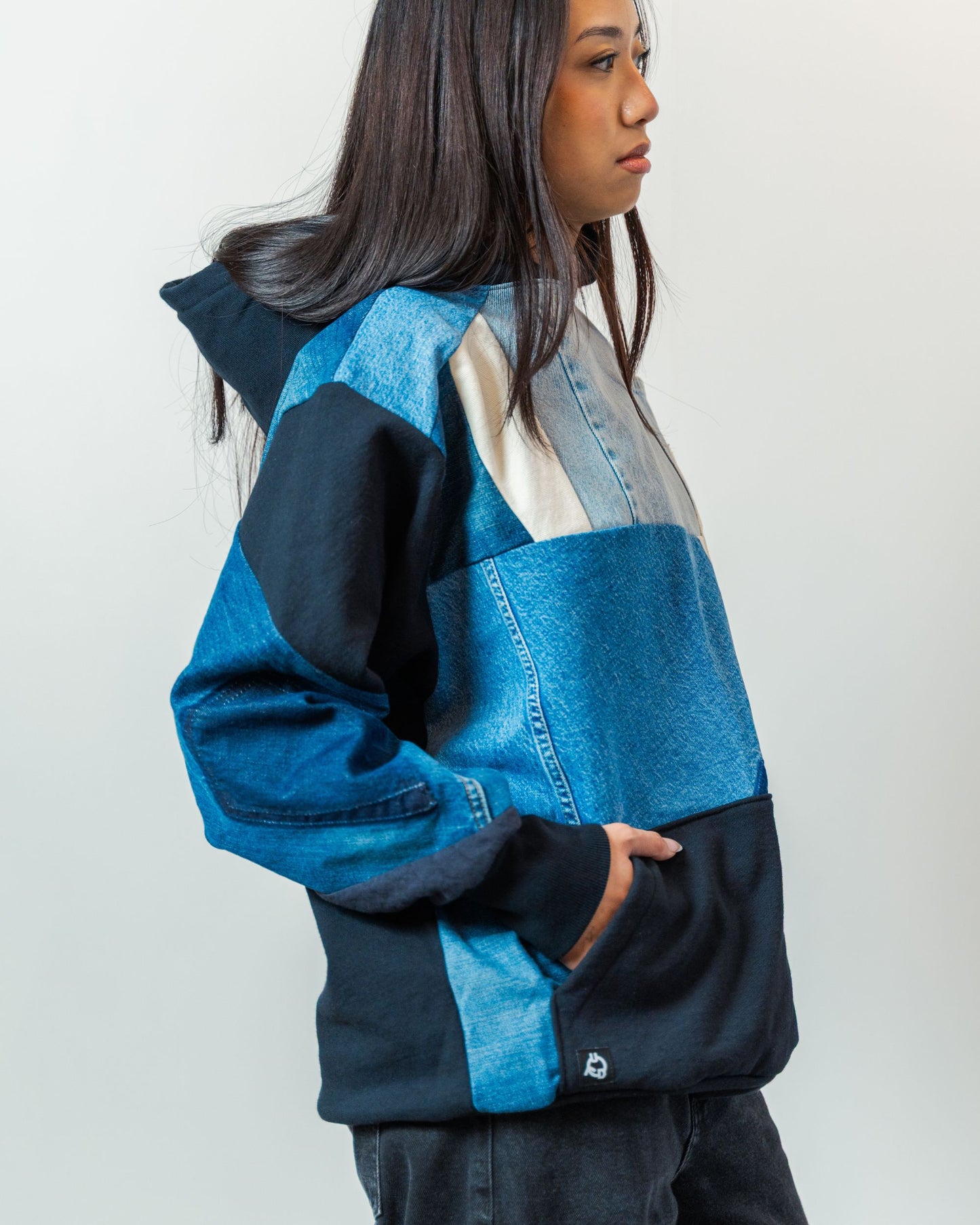 Black & Denim Patchwork Hoodie L