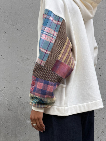 White & Plaid Sleeve Organic Cotton Zip Hoodie M