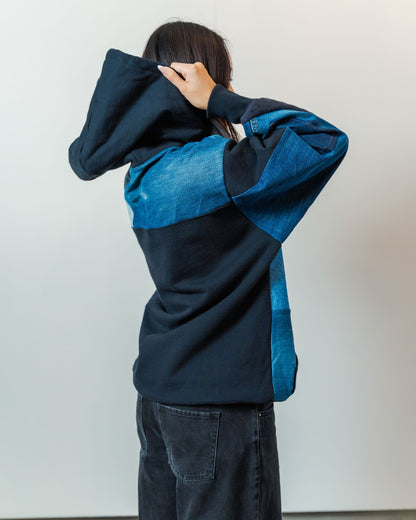 Black & Denim Patchwork Hoodie L