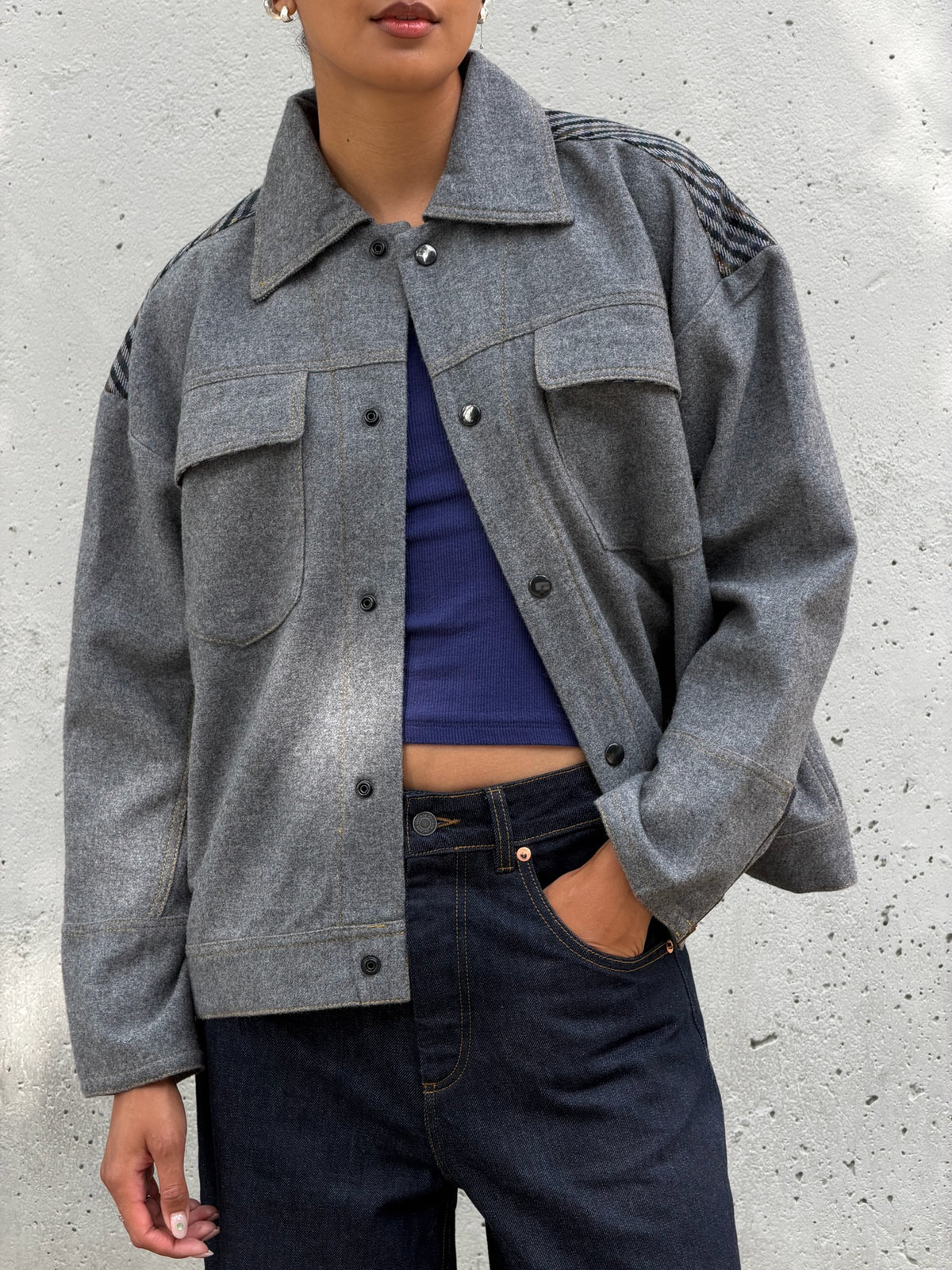 Grey & Plaid Solid Wool Jacket