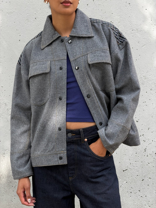 Grey & Plaid Solid Wool Jacket