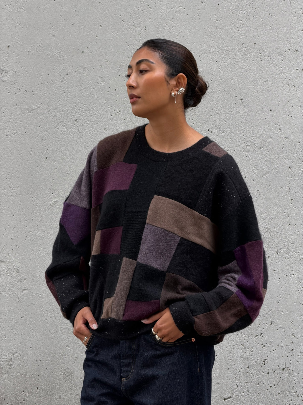 Black Multi Scrapwork Cashmere Crew Sweater