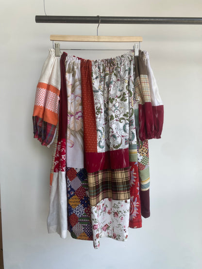 Red Multi Patchwork Cotton Mix Off-shoulder Dress L