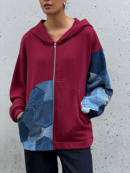 Red & Denim Sleeve Cotton Zip Hoodie M
