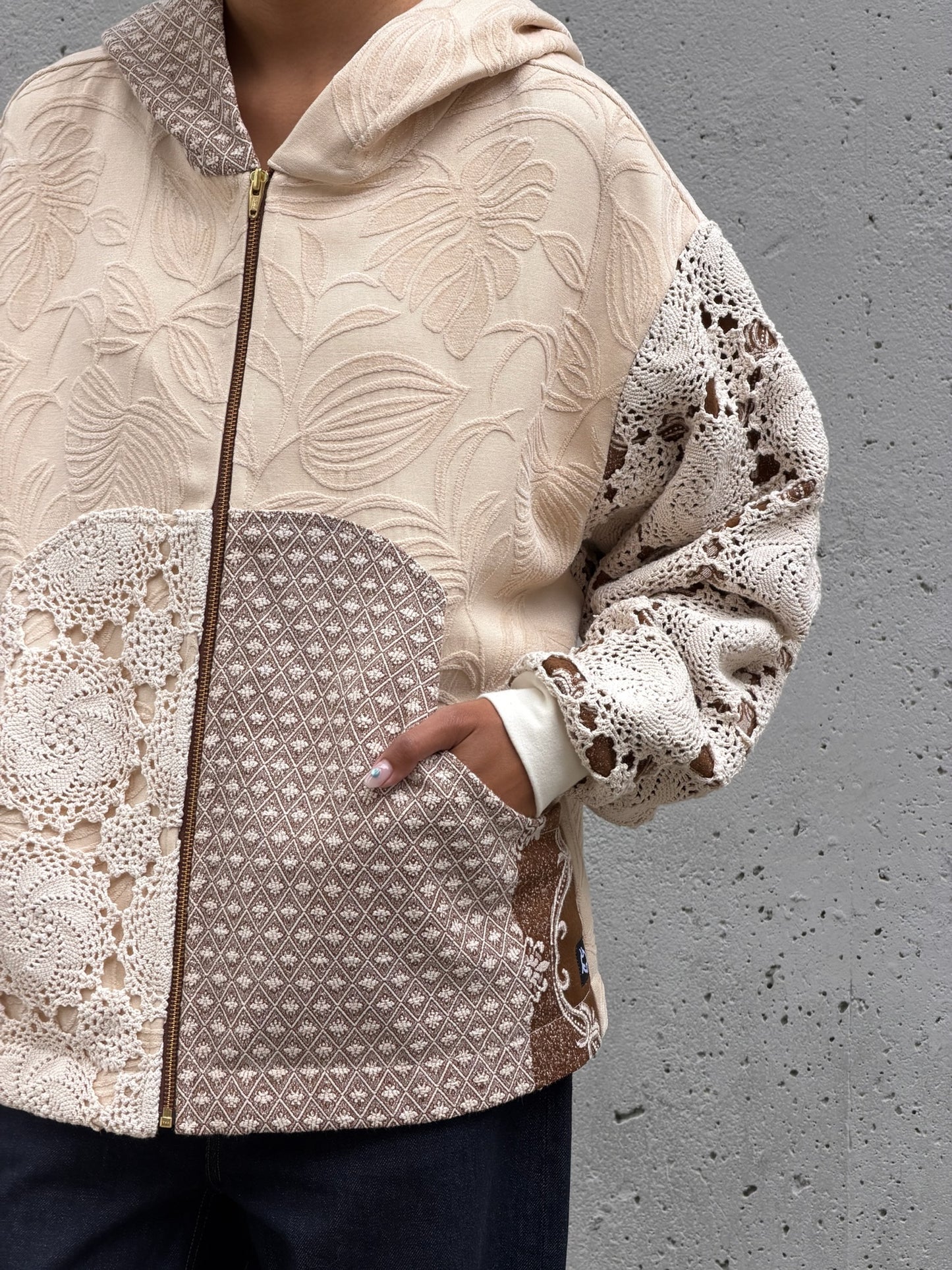 Cream & Brown Crochet Zip Up Hoodie M