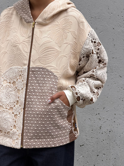 Cream & Brown Crochet Zip Up Hoodie M