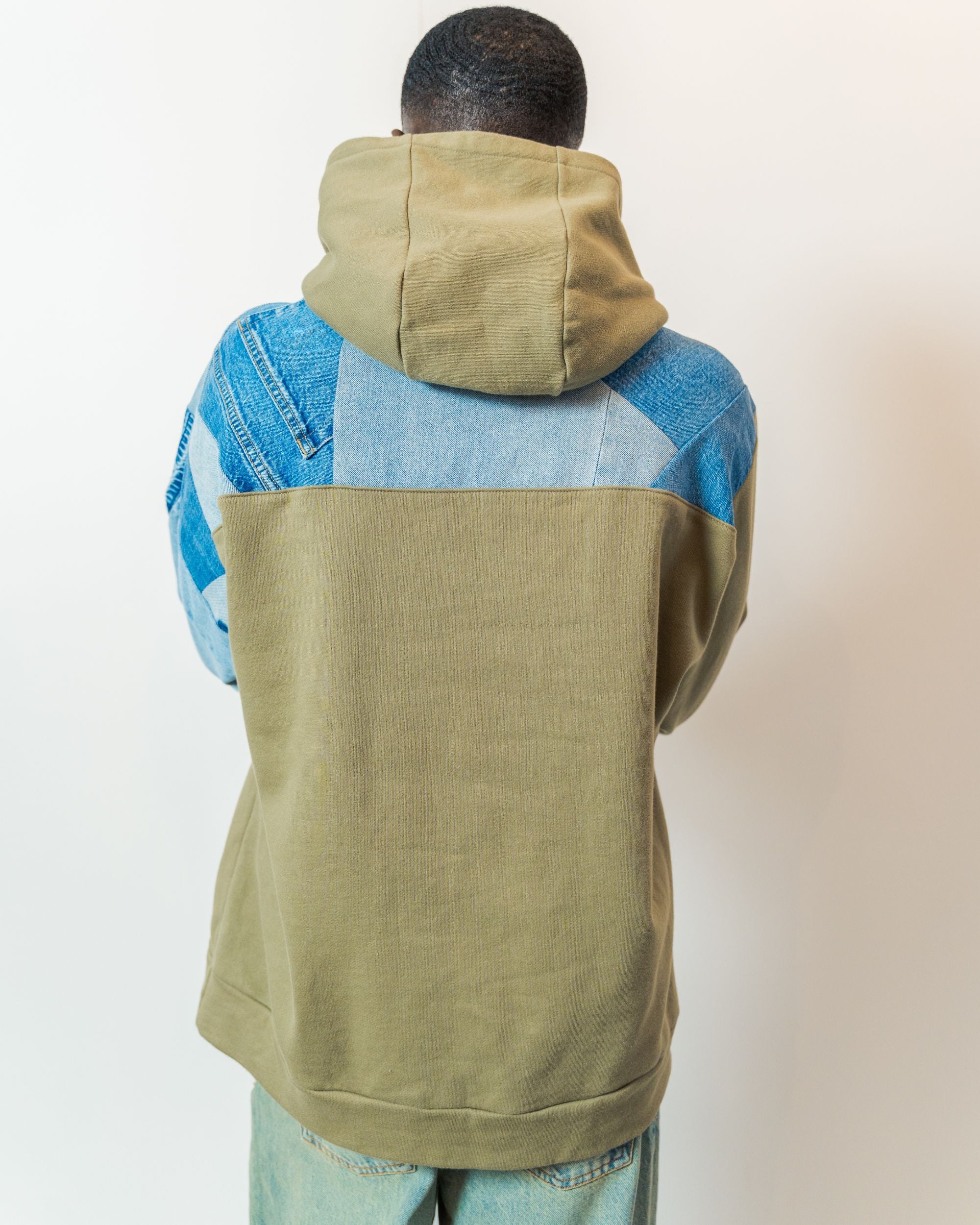 Olive & Blue Denim Patchwork Hoodie L | Upcycled Organic Cotton