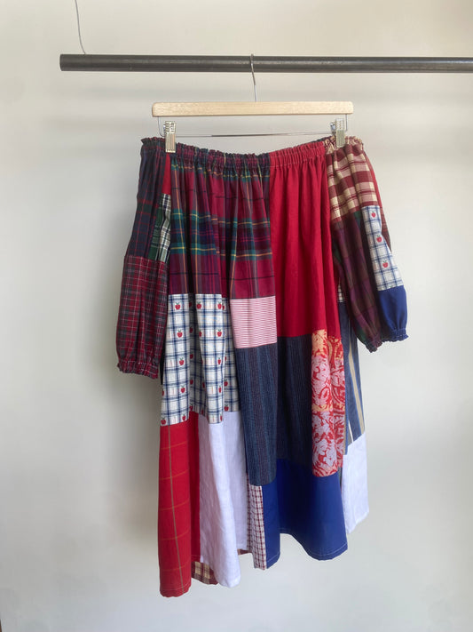 Red Multi Patchwork Cotton Mix Off-shoulder Dress L