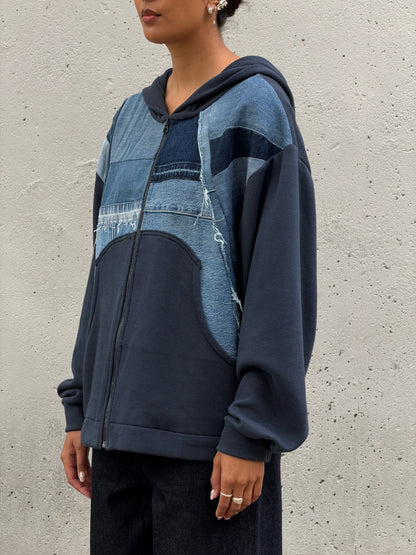 Navy & Blue Denim Patchwork Zip Hoodie