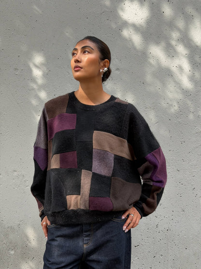 Black Multi Scrapwork Cashmere Crew Sweater