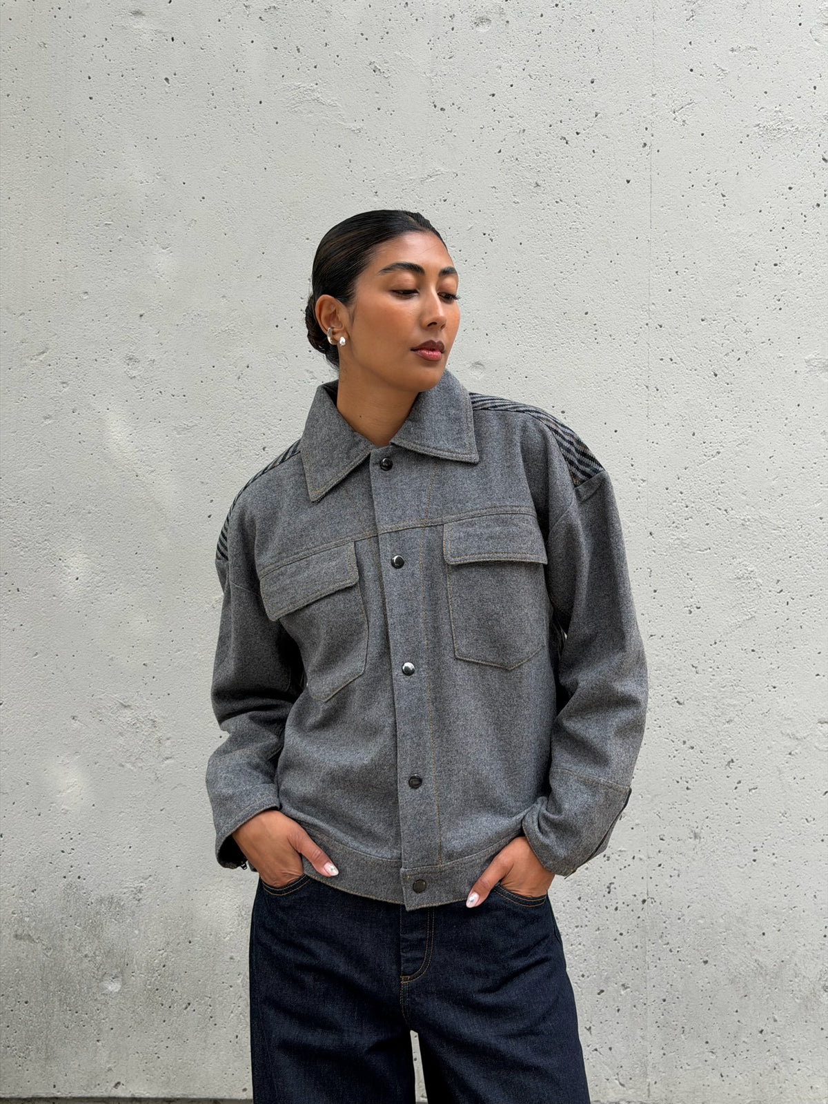 Grey & Plaid Solid Wool Jacket