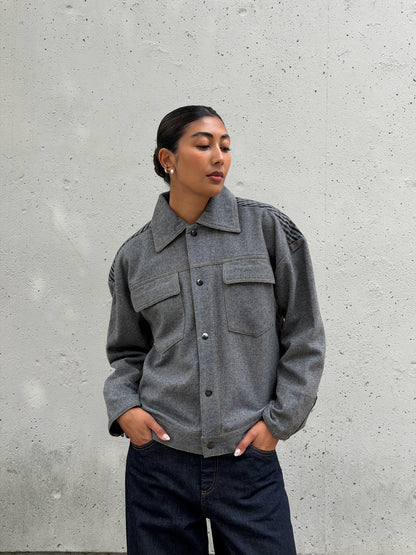 Grey & Plaid Solid Wool Jacket