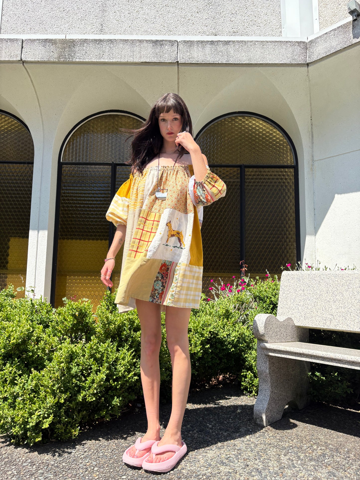 Yellow Multi Patchwork Cotton Mix Off-shoulder Dress L