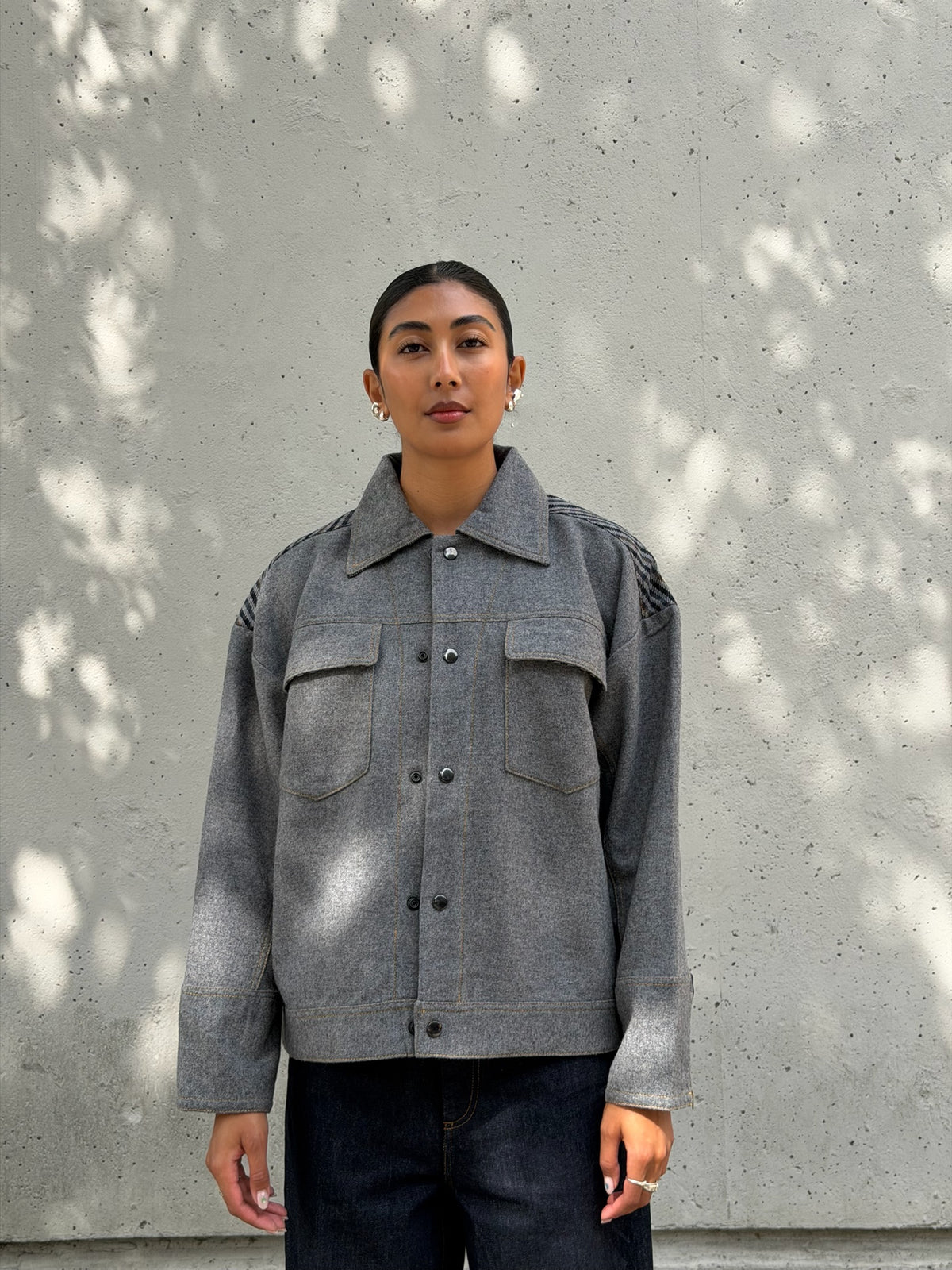Grey & Plaid Solid Wool Jacket