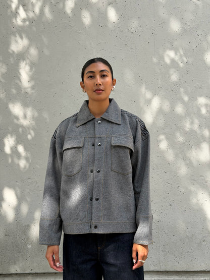 Grey & Plaid Solid Wool Jacket