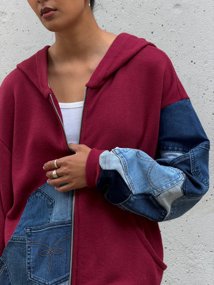 Red & Denim Sleeve Cotton Zip Hoodie M