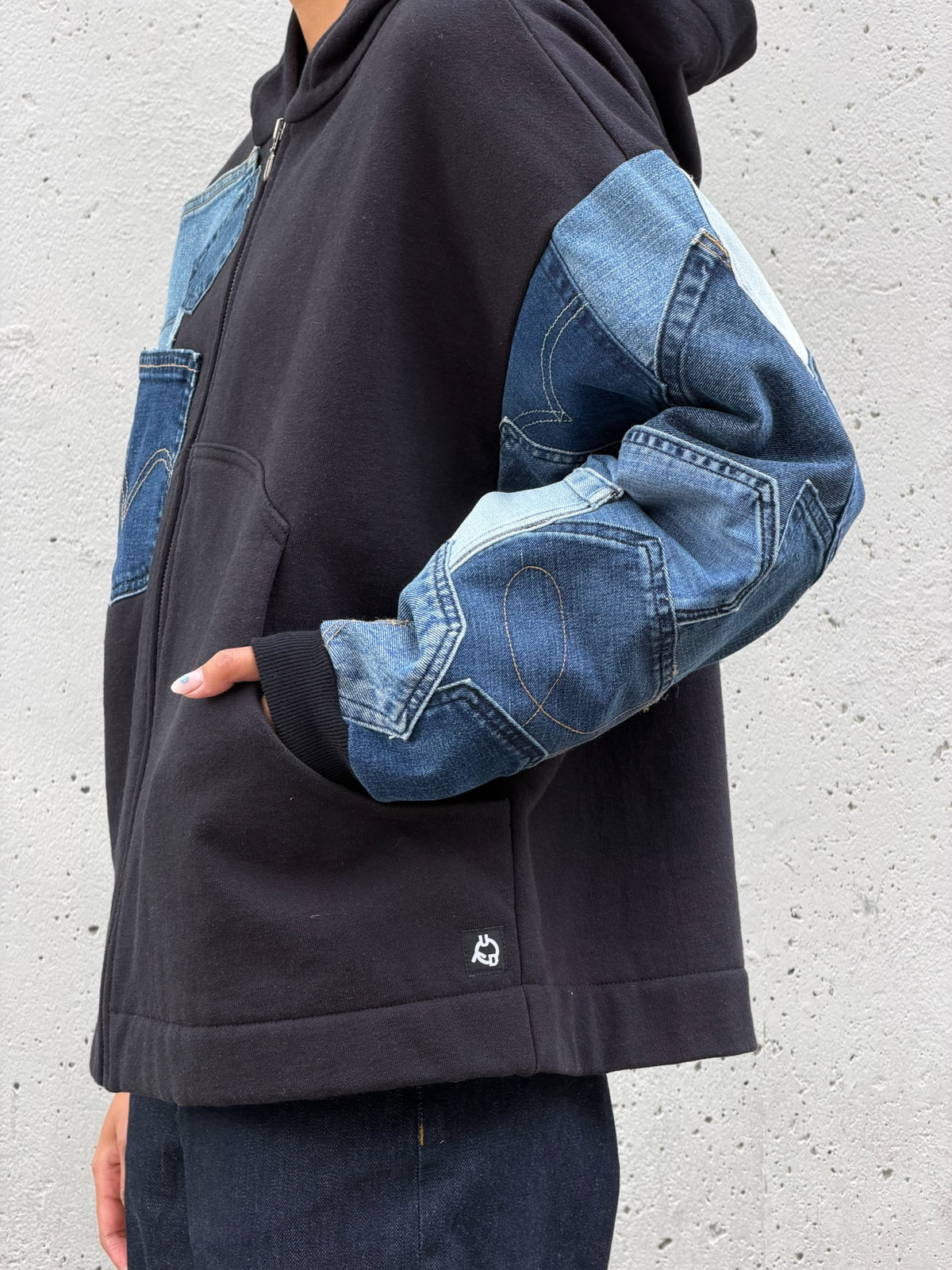 Black & Blue Denim Pockets Sleeve Zip Hoodie