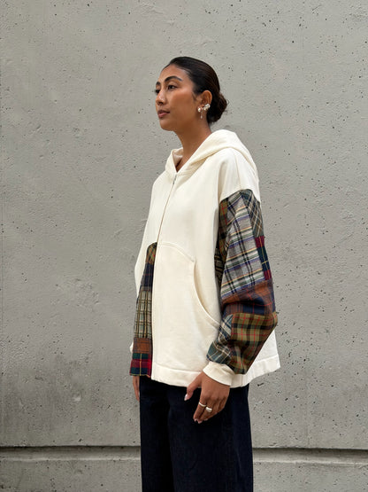 White & Brown Patchwork Cotton Zip Hoodie M