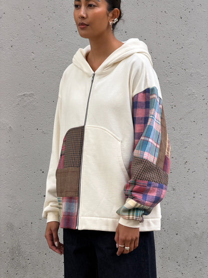 White & Plaid Sleeve Organic Cotton Zip Hoodie M