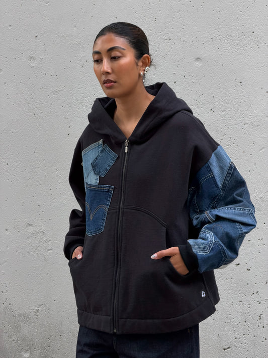 Black & Blue Denim Pockets Sleeve Zip Hoodie