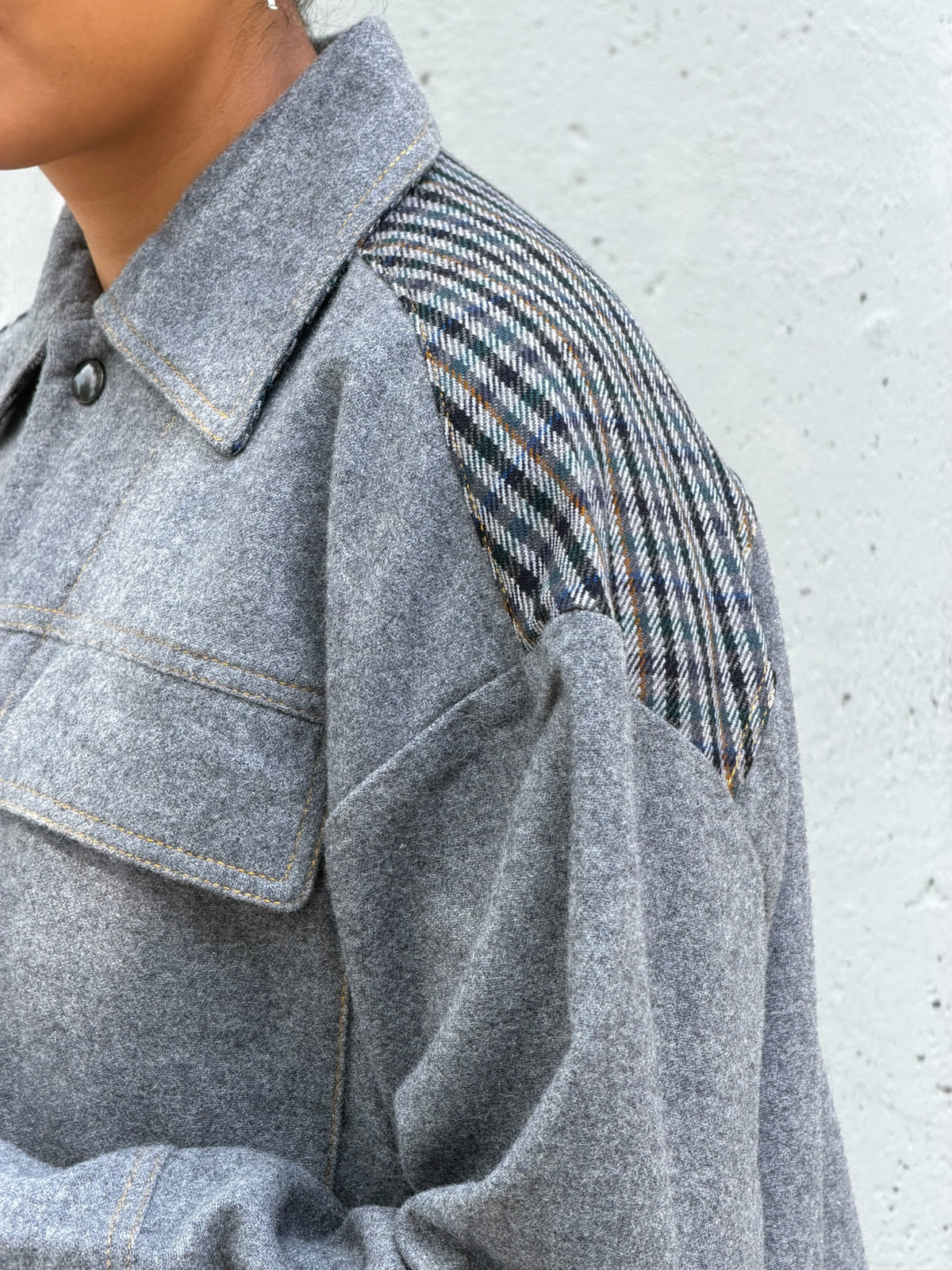 Grey & Plaid Solid Wool Jacket