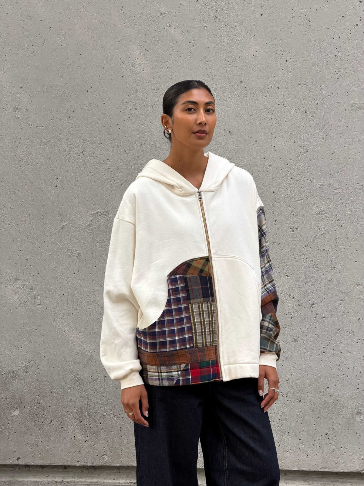 White & Brown Patchwork Cotton Zip Hoodie M