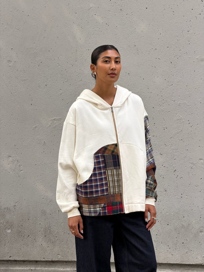 White & Brown Patchwork Cotton Zip Hoodie M