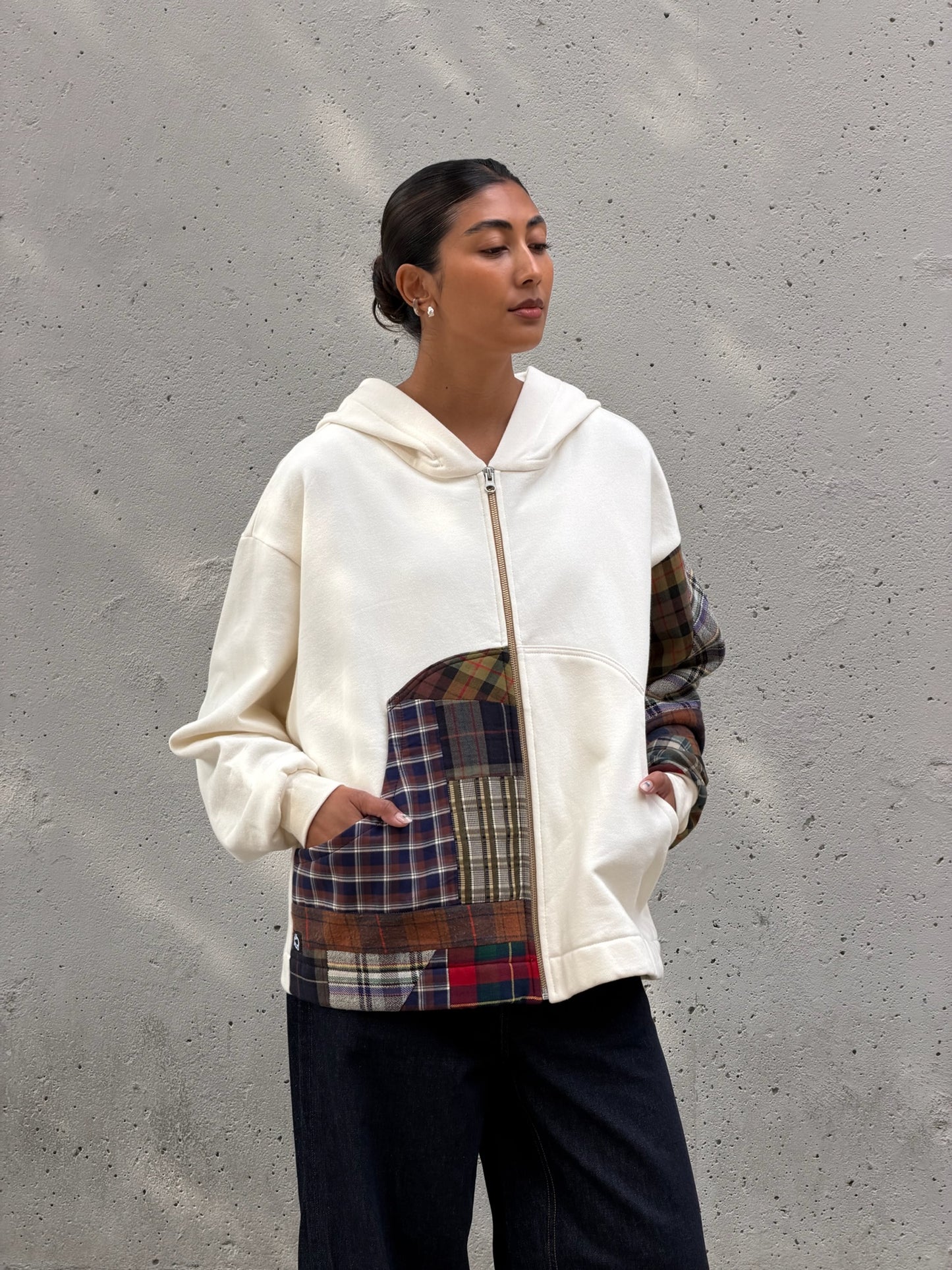 White & Brown Patchwork Cotton Zip Hoodie M