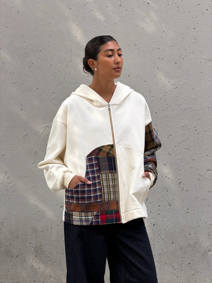 White & Brown Patchwork Cotton Zip Hoodie M