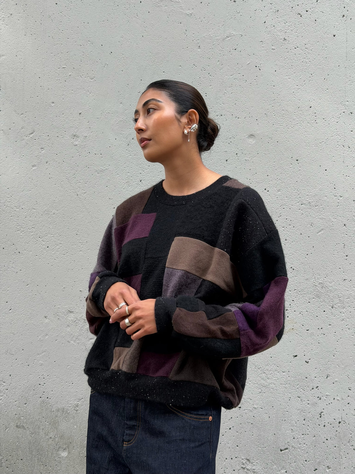 Black Multi Scrapwork Cashmere Crew Sweater