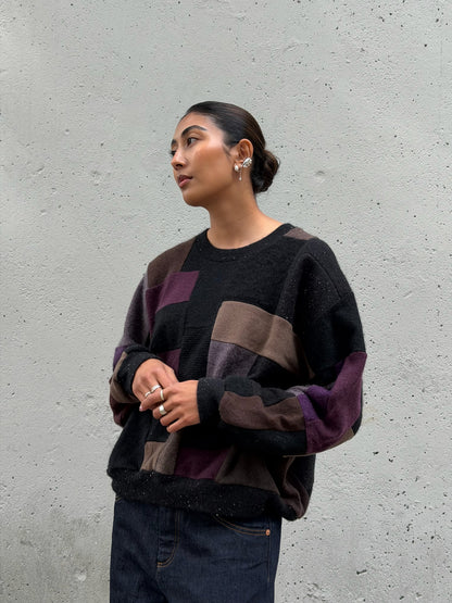 Black Multi Scrapwork Cashmere Crew Sweater