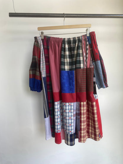 Red Multi Patchwork Cotton Mix Off-shoulder Dress L