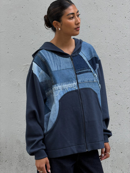 Navy & Blue Denim Patchwork Zip Hoodie