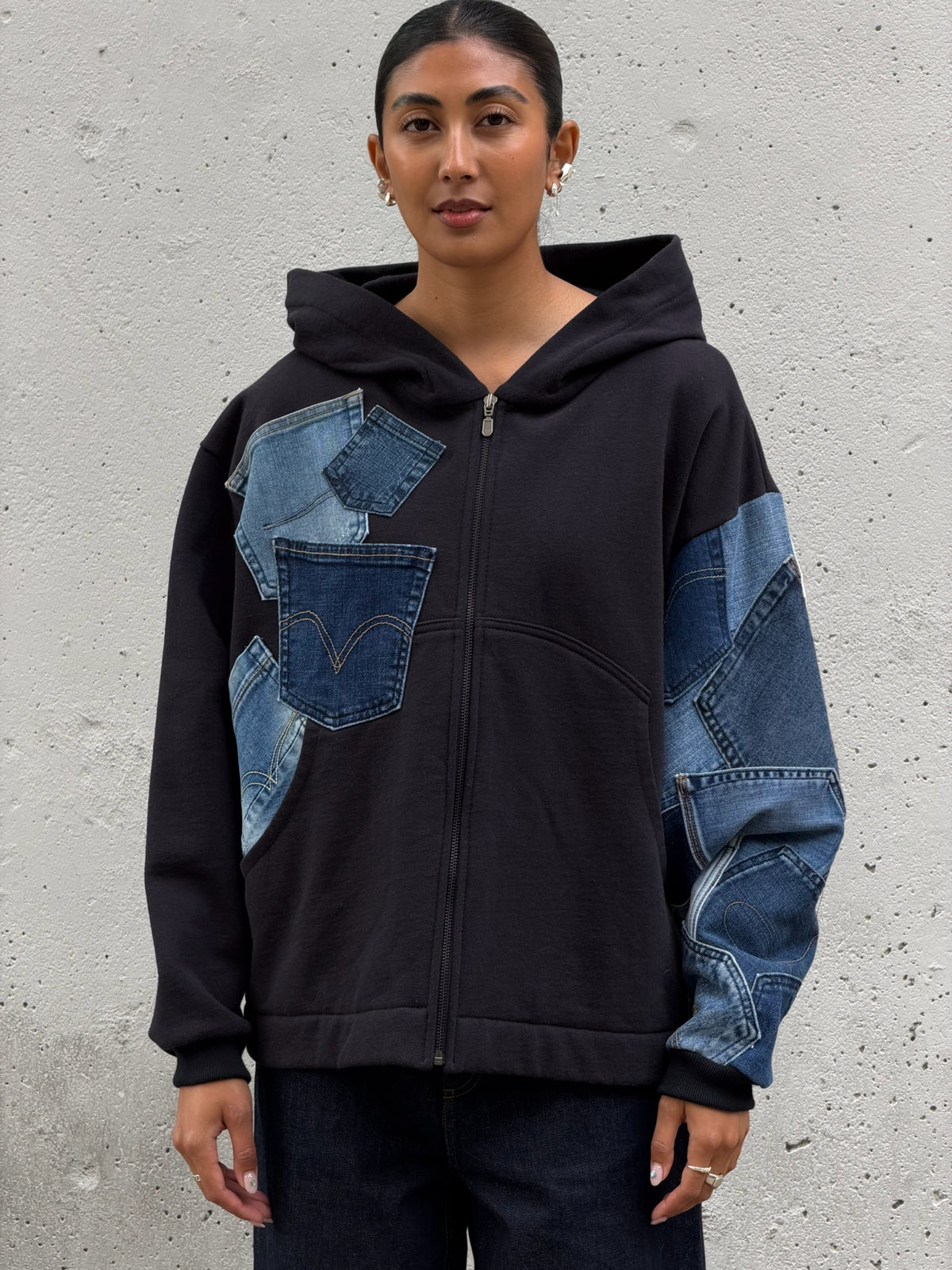 Black & Blue Denim Pockets Sleeve Zip Hoodie