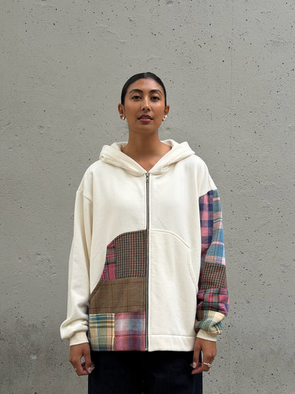 White & Plaid Sleeve Organic Cotton Zip Hoodie M