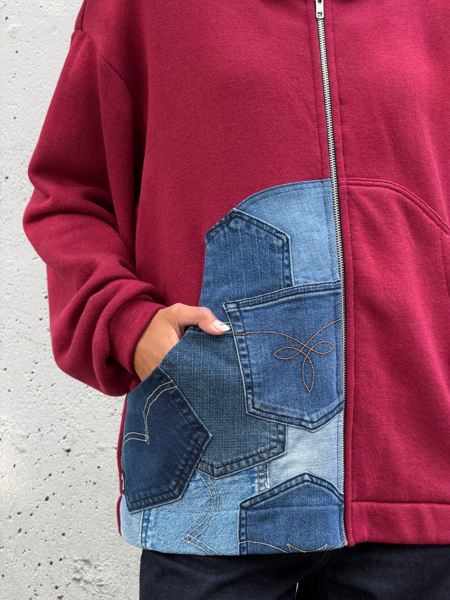 Red & Denim Sleeve Cotton Zip Hoodie M