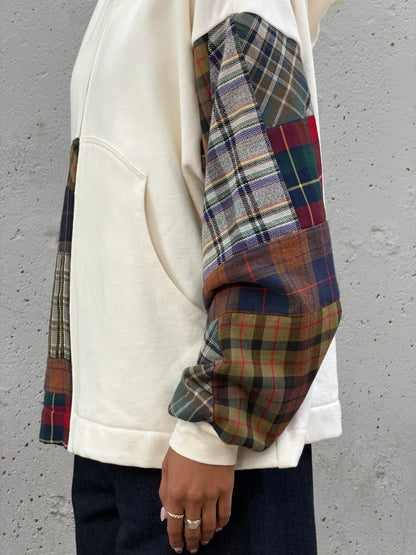 White & Brown Patchwork Cotton Zip Hoodie M