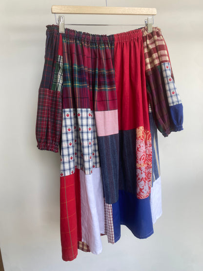 Red Multi Patchwork Cotton Mix Off-shoulder Dress L