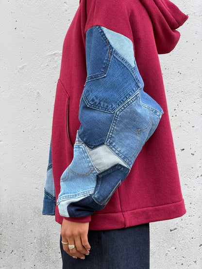 Red & Denim Sleeve Cotton Zip Hoodie M