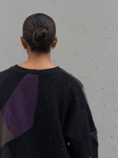 Black Multi Scrapwork Cashmere Crew Sweater