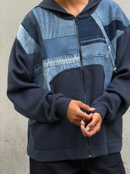 Navy & Blue Denim Patchwork Zip Hoodie